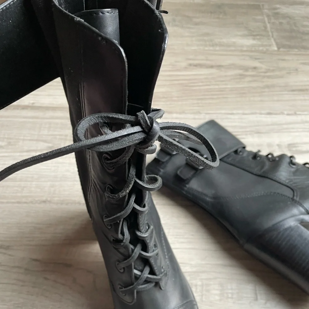 Tory Burch Black Broome Combat Boots Leather Lace Up With Ankle Strap SZ 10.5